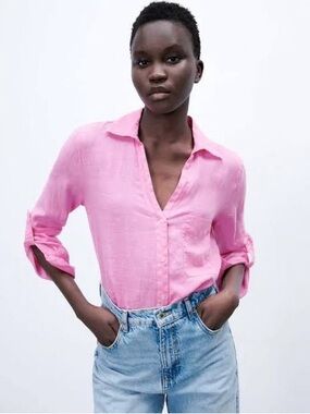 Zara Pink Linen Button Up Women’s Shirt Sz S